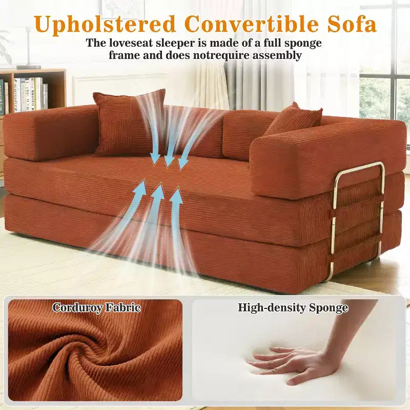 Dyonery 78.8 5-in-1 Convertible Sofa Bed - Folding Modular Corduroy Futon Couch with 2 Pillows No Assembly for Living Room Bedroom