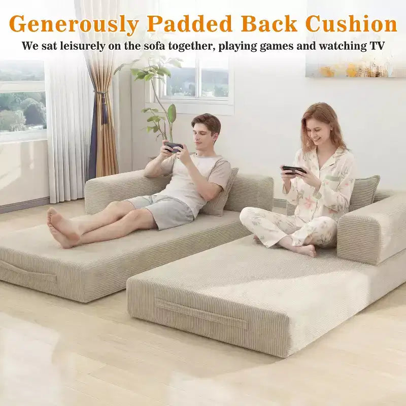 Dyonery 78.8 5-in-1 Convertible Sofa Bed - Folding Modular Corduroy Futon Couch with 2 Pillows No Assembly for Living Room Bedroom