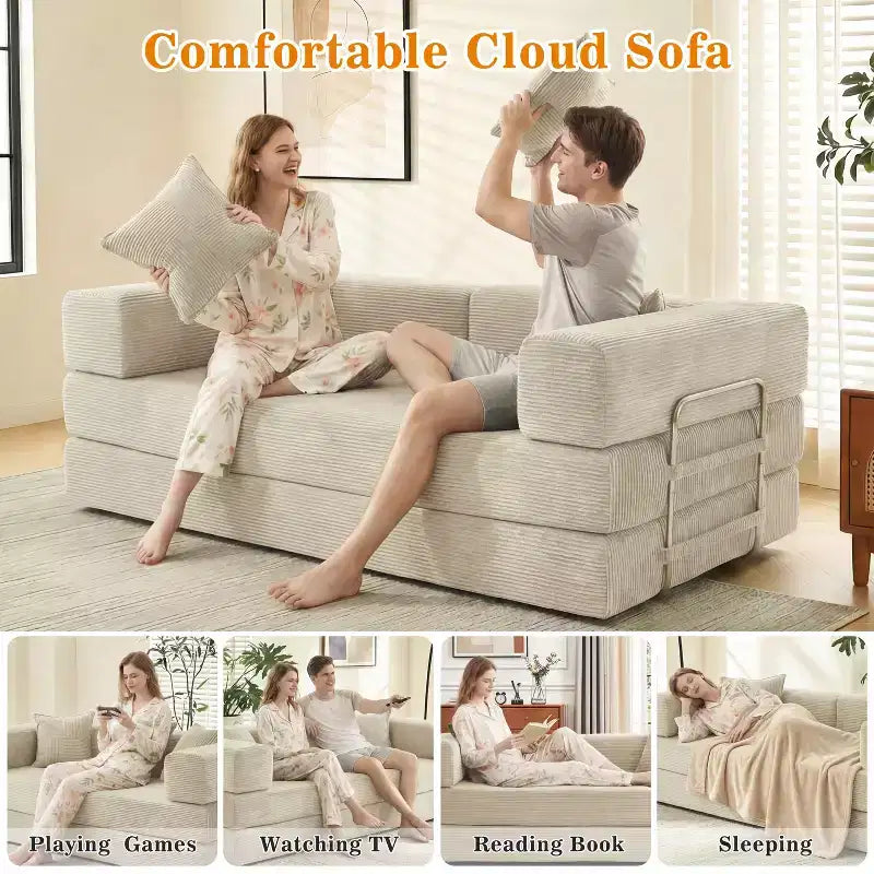 Dyonery 78.8 5-in-1 Convertible Sofa Bed - Folding Modular Corduroy Futon Couch with 2 Pillows No Assembly for Living Room Bedroom