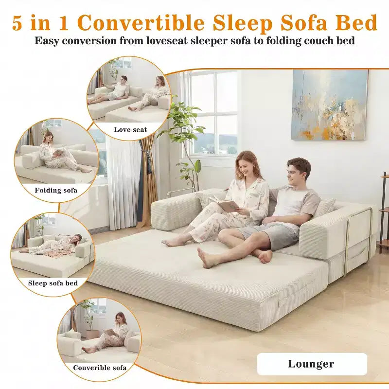 Dyonery 78.8 5-in-1 Convertible Sofa Bed - Folding Modular Corduroy Futon Couch with 2 Pillows No Assembly for Living Room Bedroom