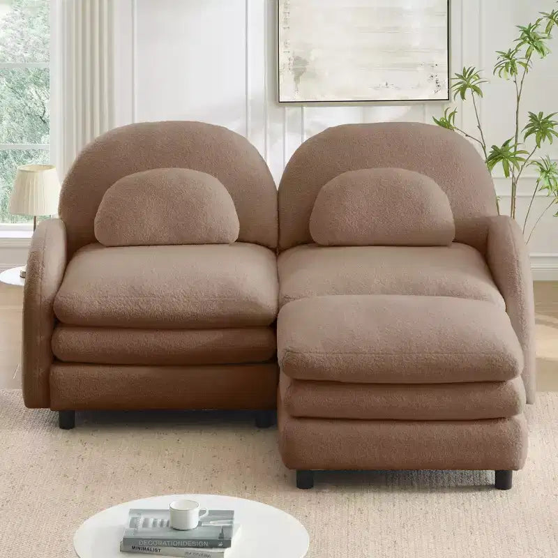 GDFStudio Steini Modern 117 2-Seater Teddy Upholstered Sectional Sofa with Curved Lumbar Pillows and Movable Ottoman