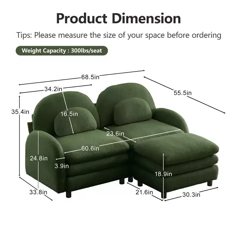 GDFStudio Steini Modern 117 2-Seater Teddy Upholstered Sectional Sofa with Curved Lumbar Pillows and Movable Ottoman