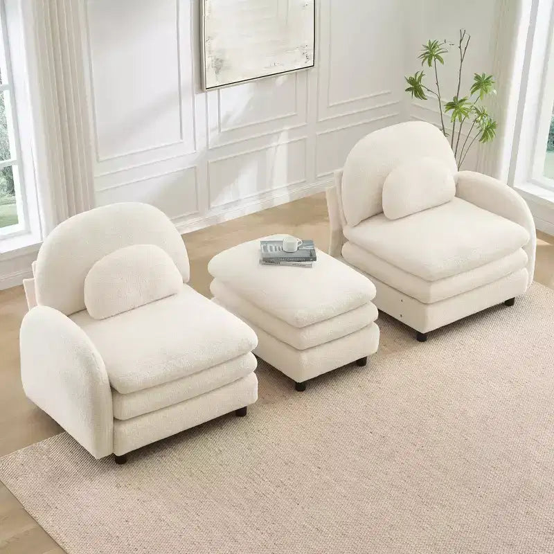 GDFStudio Steini Modern 117 2-Seater Teddy Upholstered Sectional Sofa with Curved Lumbar Pillows and Movable Ottoman