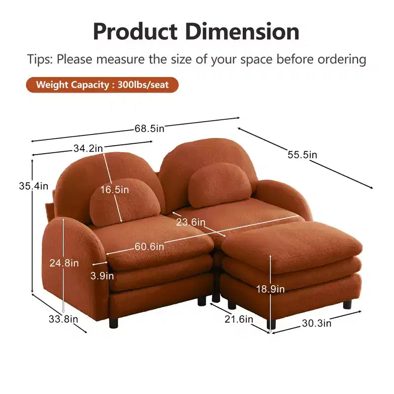 GDFStudio Steini Modern 117 2-Seater Teddy Upholstered Sectional Sofa with Curved Lumbar Pillows and Movable Ottoman