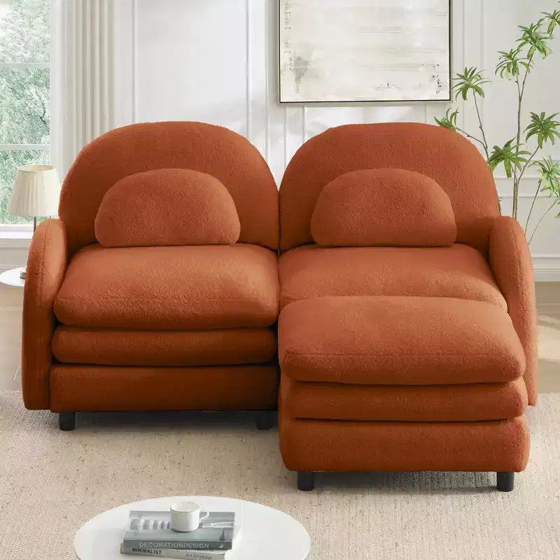 GDFStudio Steini Modern 117 2-Seater Teddy Upholstered Sectional Sofa with Curved Lumbar Pillows and Movable Ottoman