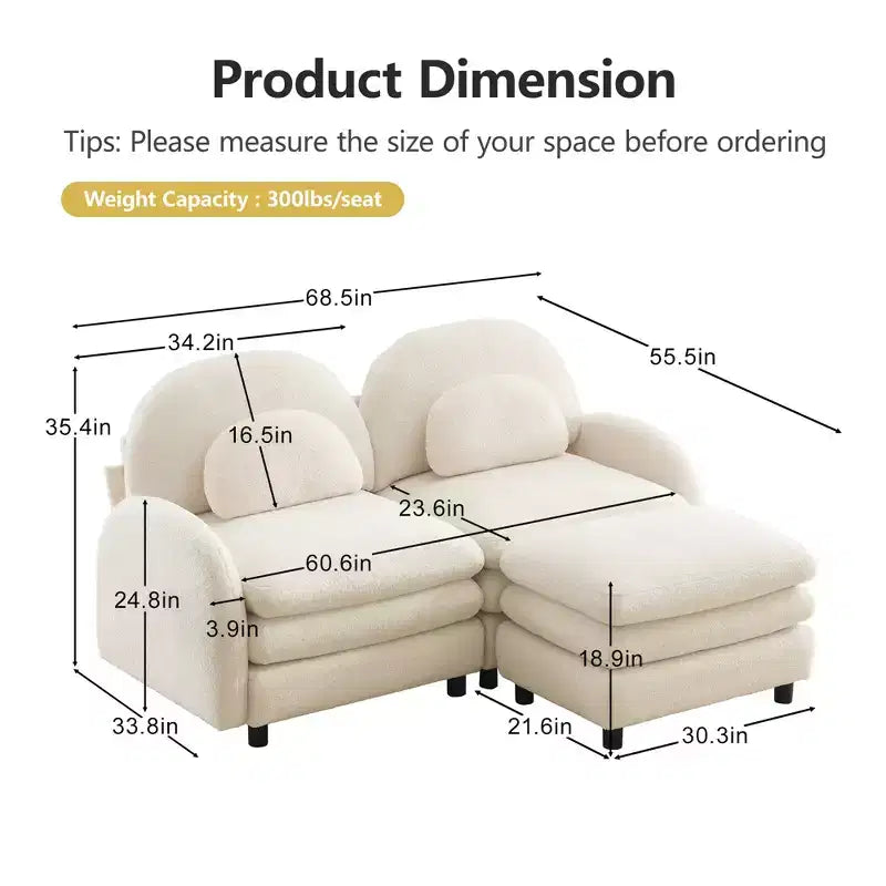 GDFStudio Steini Modern 117 2-Seater Teddy Upholstered Sectional Sofa with Curved Lumbar Pillows and Movable Ottoman