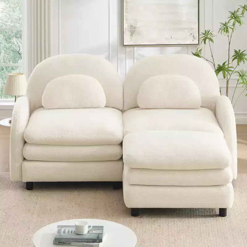 GDFStudio Steini Modern 117 2-Seater Teddy Upholstered Sectional Sofa with Curved Lumbar Pillows and Movable Ottoman
