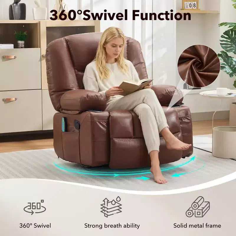 360 Swivel Rocker Recliner Chair with Massage and Heat, Oversized PU Leather Recliner with Side Pockets and Cup Holders for Living Room, Nursery