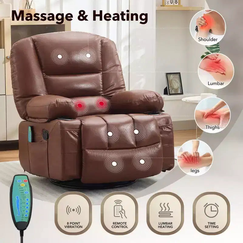 360 Swivel Rocker Recliner Chair with Massage and Heat, Oversized PU Leather Recliner with Side Pockets and Cup Holders for Living Room, Nursery