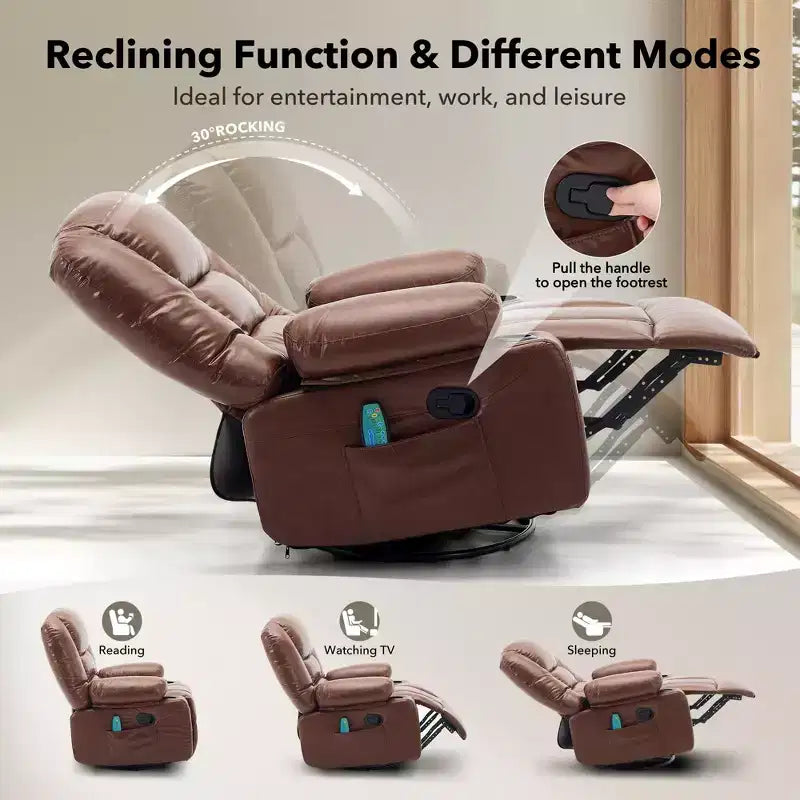360 Swivel Rocker Recliner Chair with Massage and Heat, Oversized PU Leather Recliner with Side Pockets and Cup Holders for Living Room, Nursery