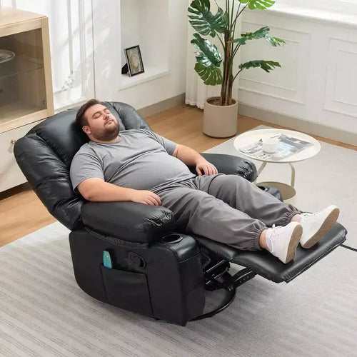 Sillón reclinable giratorio de 360° con masaje y calor, reclinable grande de cuero PU con bolsillos laterales y portavasos para sala de estar, cuarto de bebé