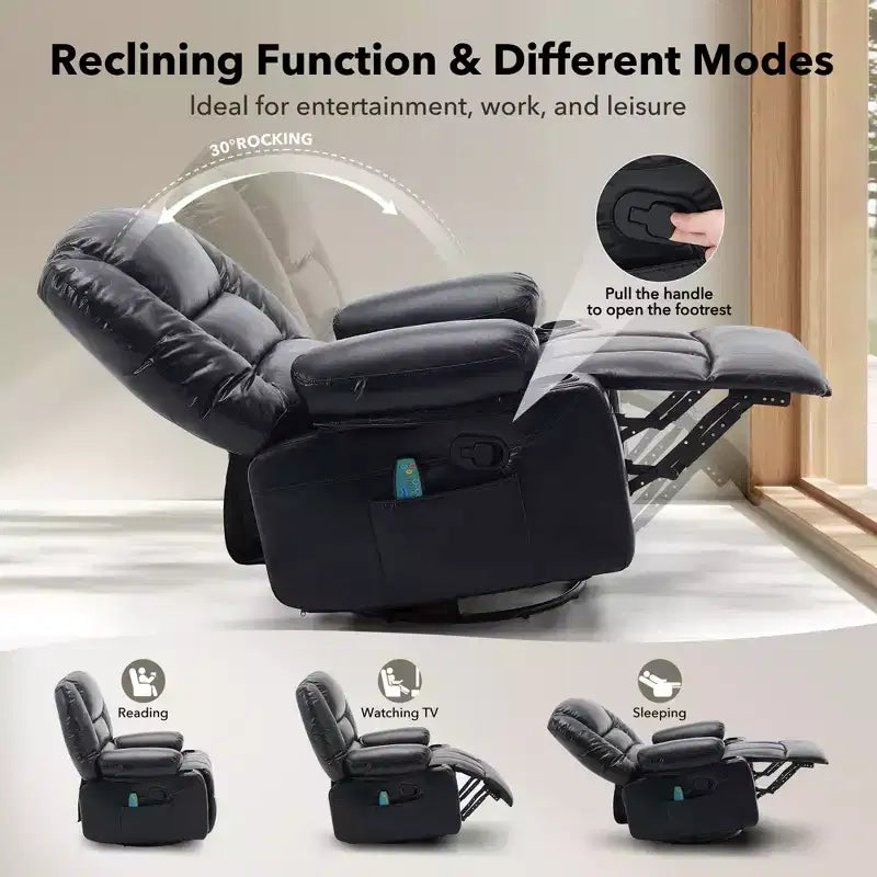 360 Swivel Rocker Recliner Chair with Massage and Heat, Oversized PU Leather Recliner with Side Pockets and Cup Holders for Living Room, Nursery