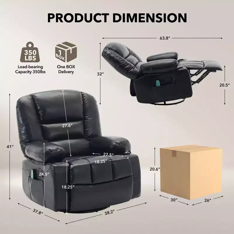 360 Swivel Rocker Recliner Chair with Massage and Heat, Oversized PU Leather Recliner with Side Pockets and Cup Holders for Living Room, Nursery