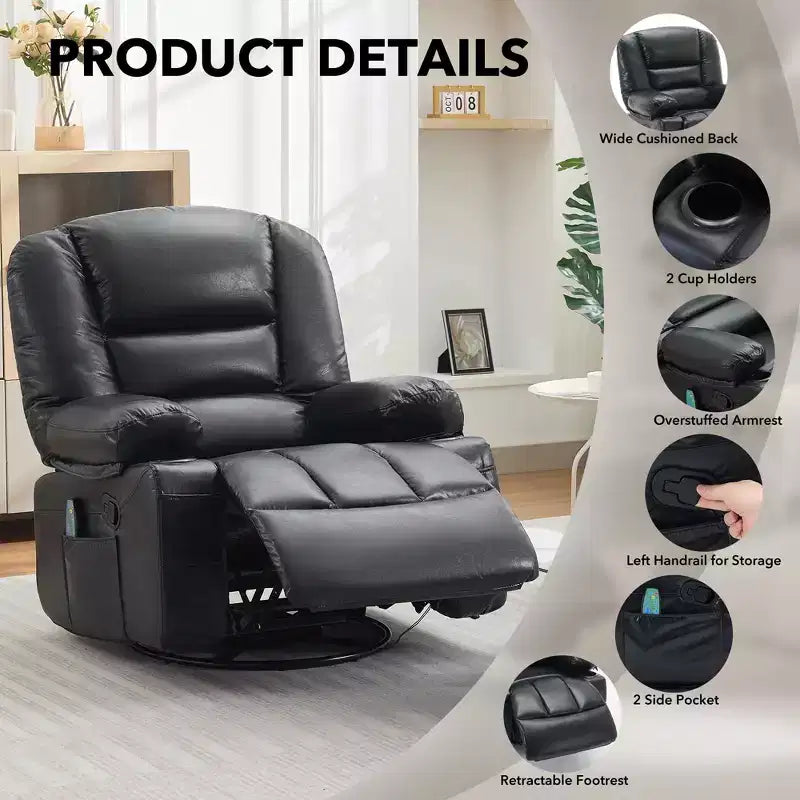 360 Swivel Rocker Recliner Chair with Massage and Heat, Oversized PU Leather Recliner with Side Pockets and Cup Holders for Living Room, Nursery