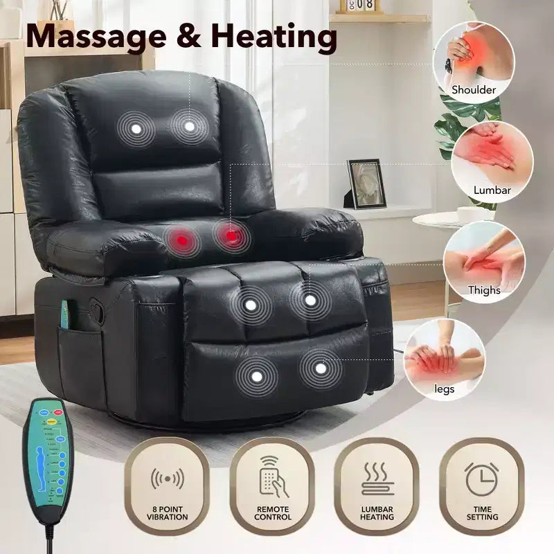 360 Swivel Rocker Recliner Chair with Massage and Heat, Oversized PU Leather Recliner with Side Pockets and Cup Holders for Living Room, Nursery