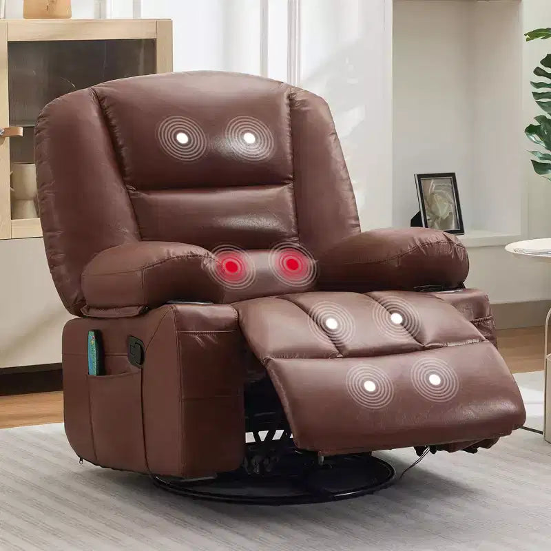Sillón reclinable giratorio de 360° con masaje y calor, reclinable grande de cuero PU con bolsillos laterales y portavasos para sala de estar, cuarto de bebé