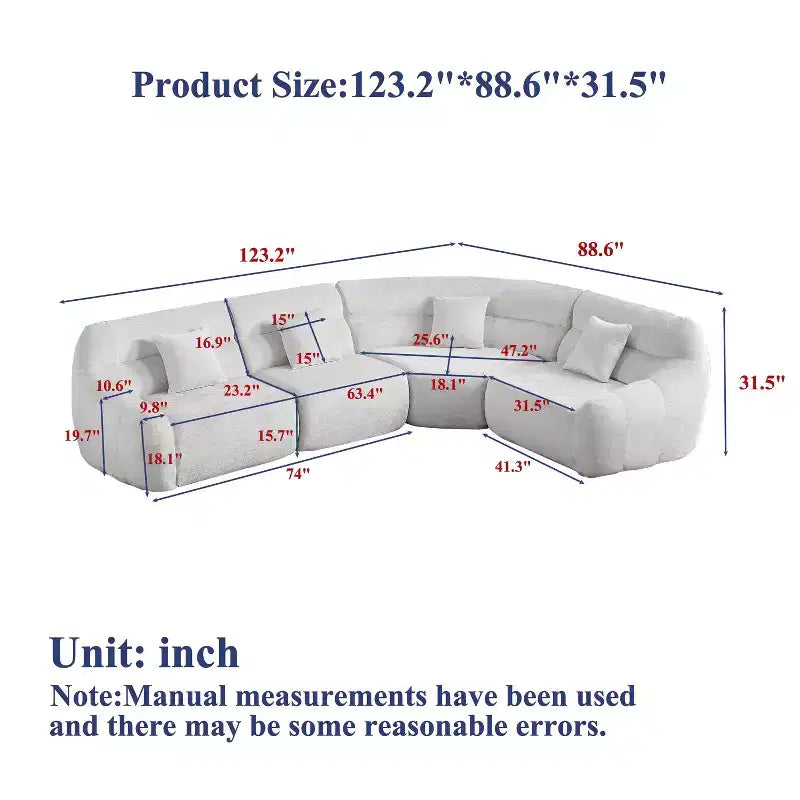 Curved Corner Sectional Sofa, Chenille Modular Cloud Sofa, High-Back 4-Seater Couch, No Assembly
