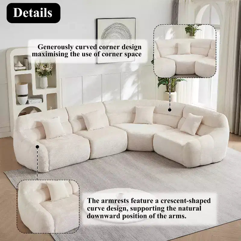 Curved Corner Sectional Sofa, Chenille Modular Cloud Sofa, High-Back 4-Seater Couch, No Assembly