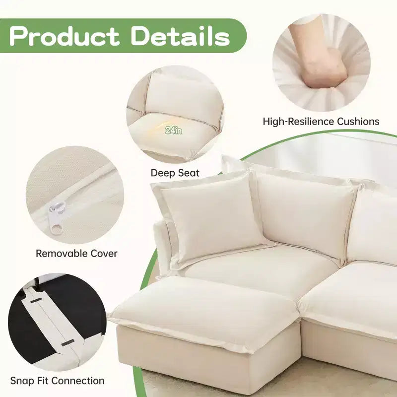 Comfy L-Shaped Sectional Sofa, Oversized Cloud Couch with Convertible Ottoman for Living Room