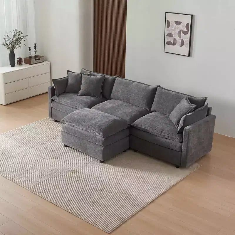 MAYEERTY 108 Inch Beige Chenille L-Shaped Modular Sectional Sofa with Ottoman for Living Room