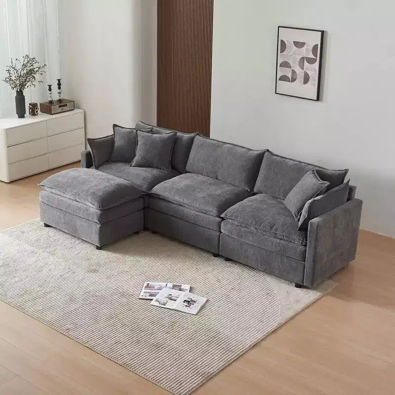 MAYEERTY 108 Inch Beige Chenille L-Shaped Modular Sectional Sofa with Ottoman for Living Room