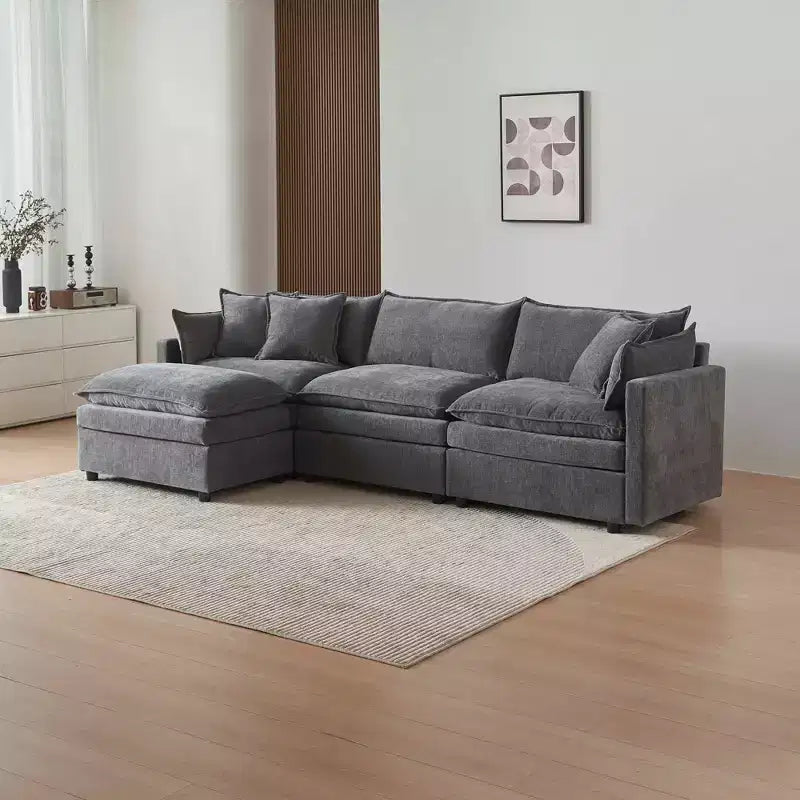 MAYEERTY 108 Inch Beige Chenille L-Shaped Modular Sectional Sofa with Ottoman for Living Room