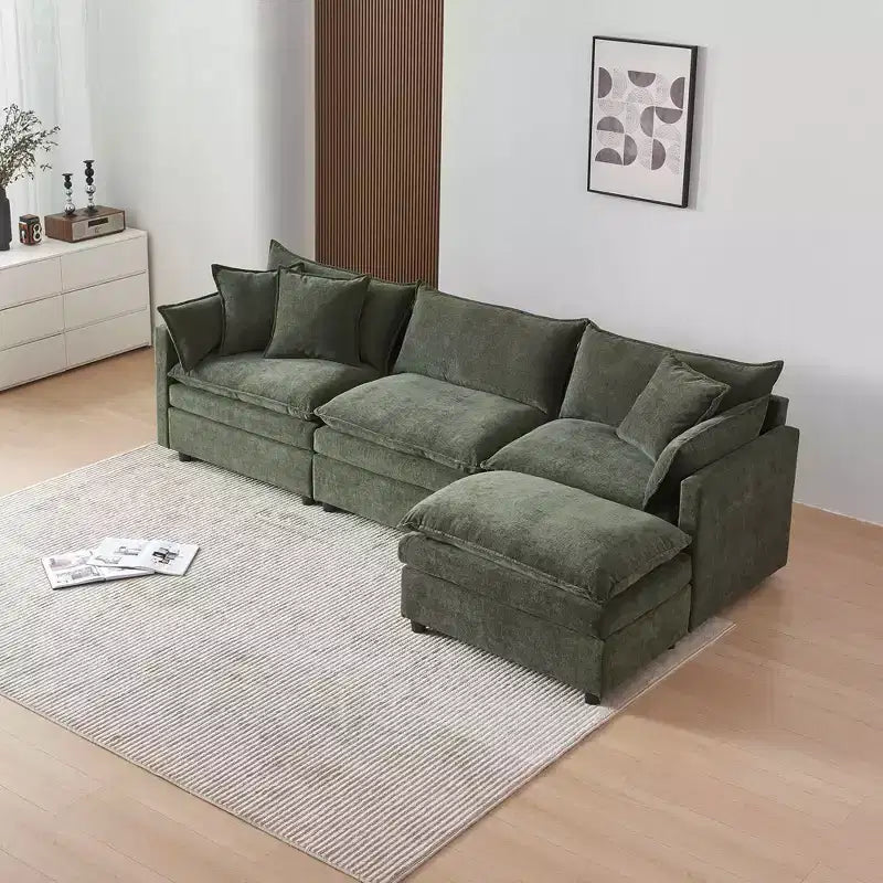 MAYEERTY 108 Inch Beige Chenille L-Shaped Modular Sectional Sofa with Ottoman for Living Room