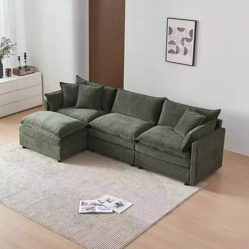 MAYEERTY 108 Inch Beige Chenille L-Shaped Modular Sectional Sofa with Ottoman for Living Room