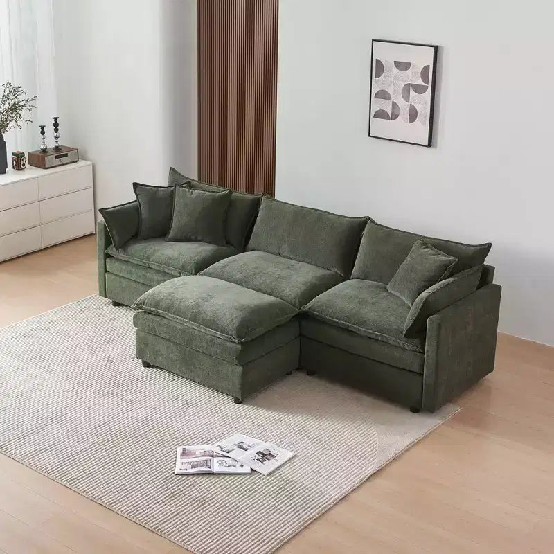 MAYEERTY 108 Inch Beige Chenille L-Shaped Modular Sectional Sofa with Ottoman for Living Room