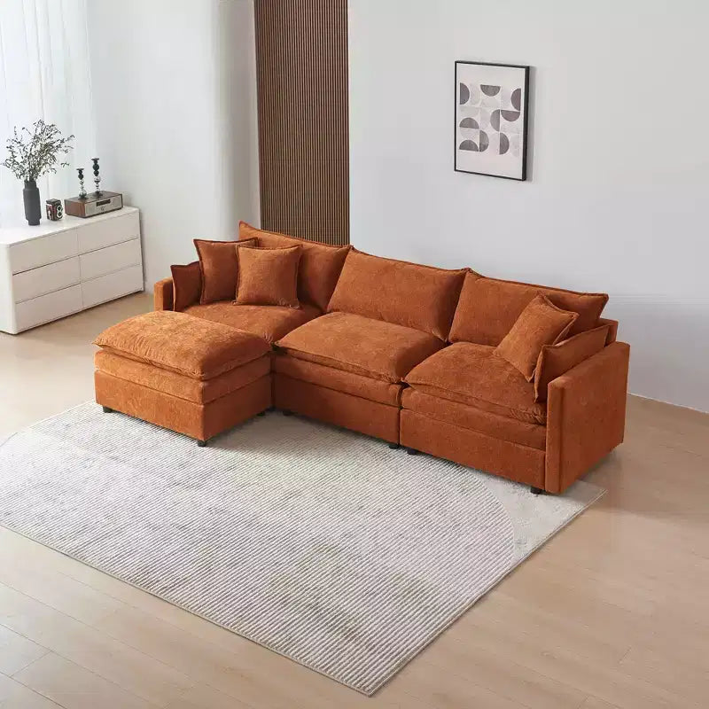 MAYEERTY 108 Inch Beige Chenille L-Shaped Modular Sectional Sofa with Ottoman for Living Room