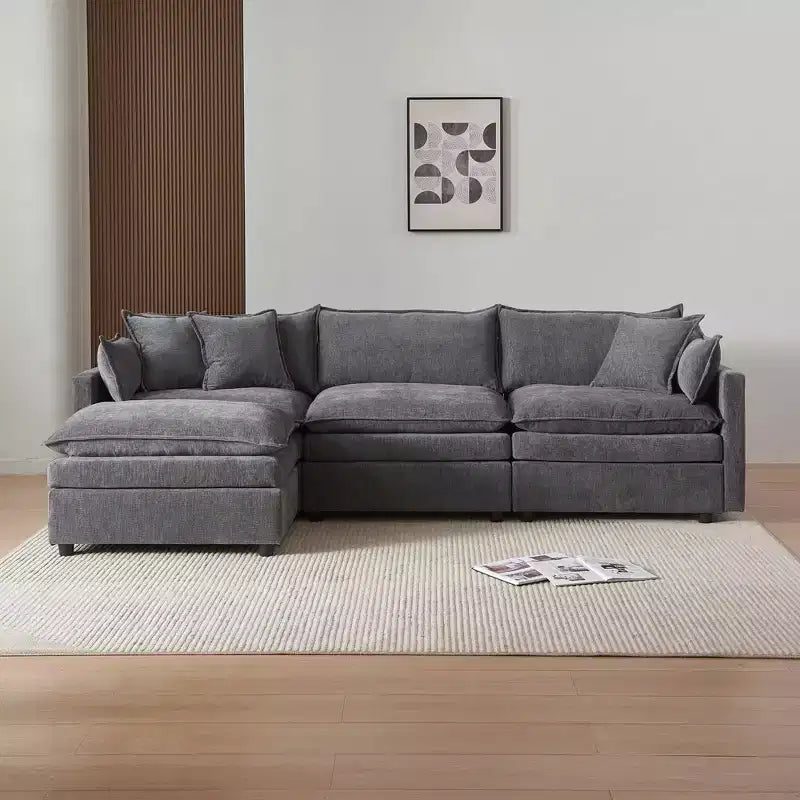 MAYEERTY Canapé modulable d'angle en chenille beige de 274 cm avec pouf pour salon