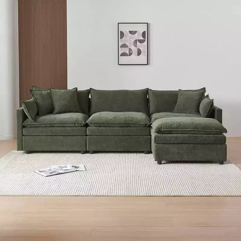 MAYEERTY Canapé modulable d'angle en chenille beige de 274 cm avec pouf pour salon