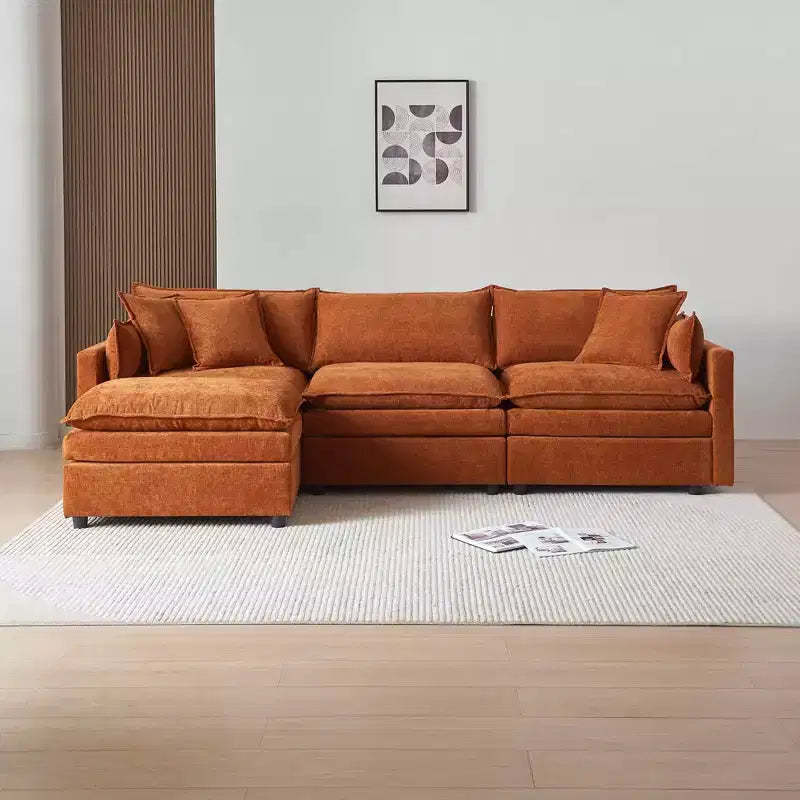 MAYEERTY Canapé modulable d'angle en chenille beige de 274 cm avec pouf pour salon
