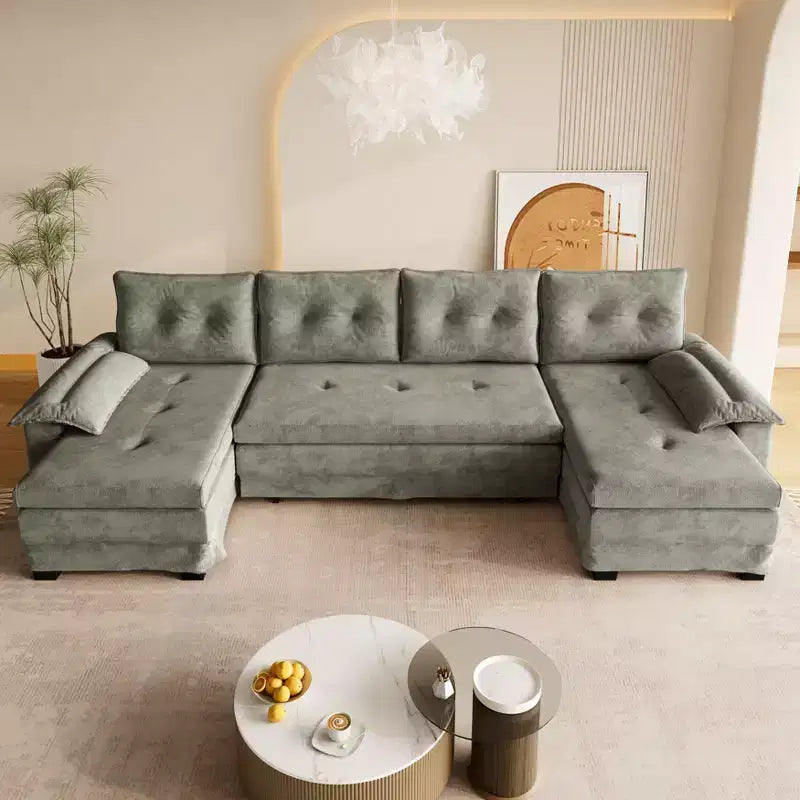 GDFStudio Yuna Modern Iron and Wooden Chenille Upholstered 110 U-Shaped Sleeper Sofa with Pull Out Bed and USB Ports