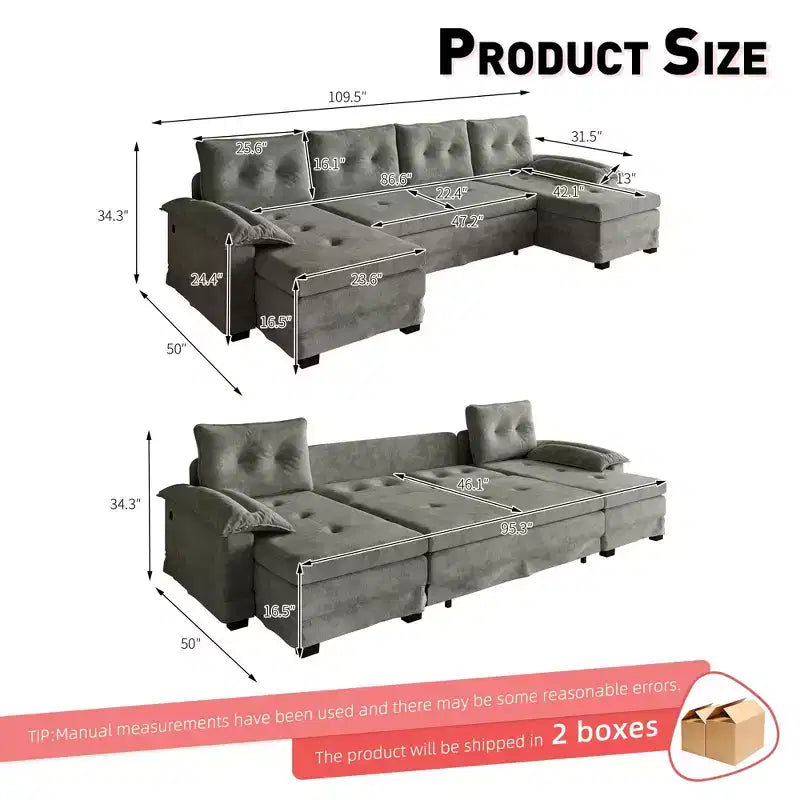 GDFStudio Yuna Modern Iron and Wooden Chenille Upholstered 110 U-Shaped Sleeper Sofa with Pull Out Bed and USB Ports