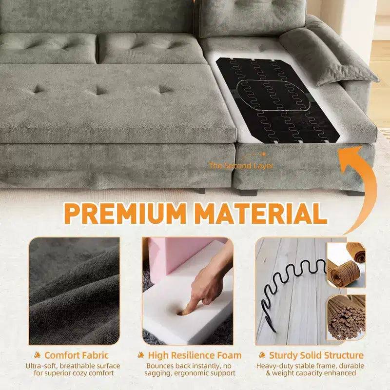 GDFStudio Yuna Modern Iron and Wooden Chenille Upholstered 110 U-Shaped Sleeper Sofa with Pull Out Bed and USB Ports