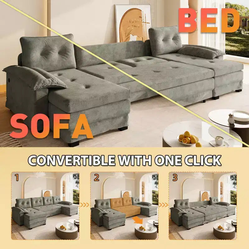 GDFStudio Yuna Modern Iron and Wooden Chenille Upholstered 110 U-Shaped Sleeper Sofa with Pull Out Bed and USB Ports