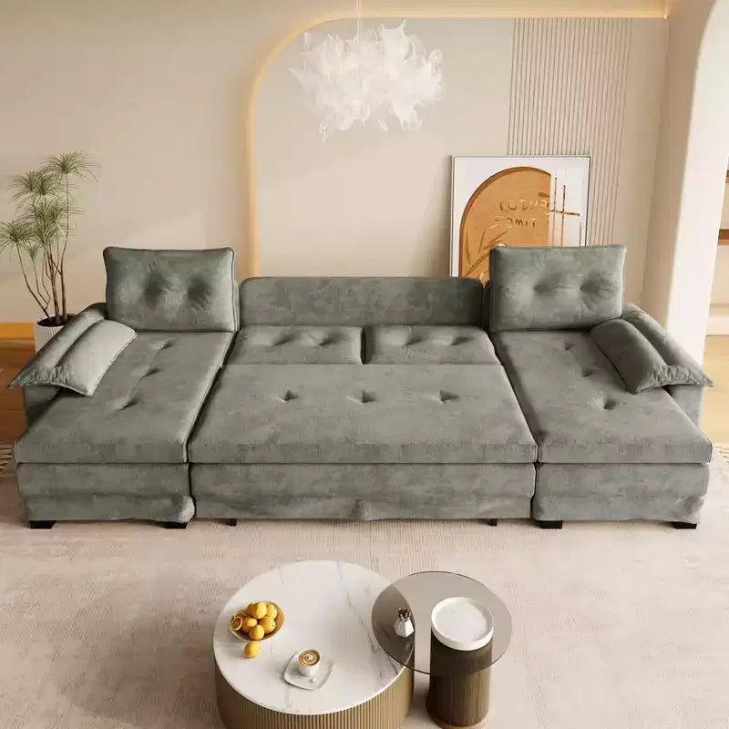 GDFStudio Yuna Modern Iron and Wooden Chenille Upholstered 110 U-Shaped Sleeper Sofa with Pull Out Bed and USB Ports