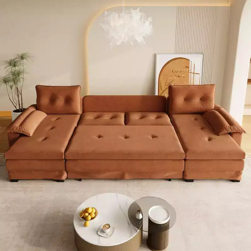 GDFStudio Yuna Modern Iron and Wooden Chenille Upholstered 110 U-Shaped Sleeper Sofa with Pull Out Bed and USB Ports