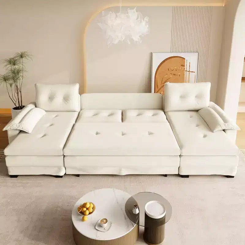 GDFStudio Yuna Modern Iron and Wooden Chenille Upholstered 110 U-Shaped Sleeper Sofa with Pull Out Bed and USB Ports