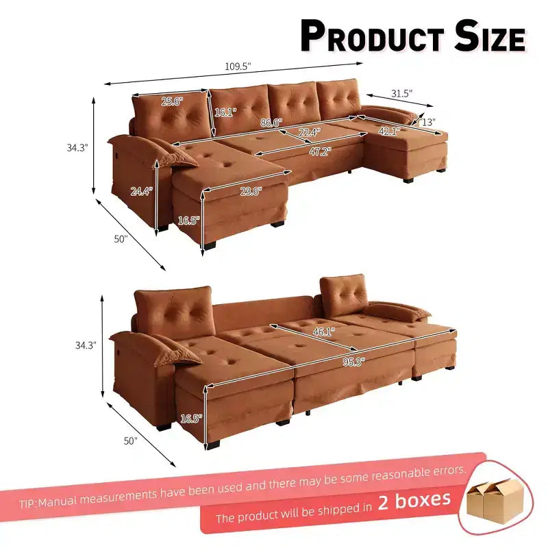 GDFStudio Yuna Modern Iron and Wooden Chenille Upholstered 110 U-Shaped Sleeper Sofa with Pull Out Bed and USB Ports