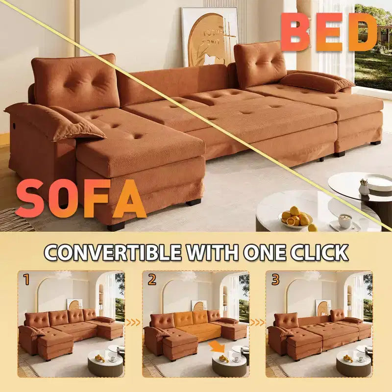 GDFStudio Yuna Modern Iron and Wooden Chenille Upholstered 110 U-Shaped Sleeper Sofa with Pull Out Bed and USB Ports