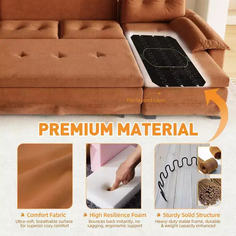 GDFStudio Yuna Modern Iron and Wooden Chenille Upholstered 110 U-Shaped Sleeper Sofa with Pull Out Bed and USB Ports