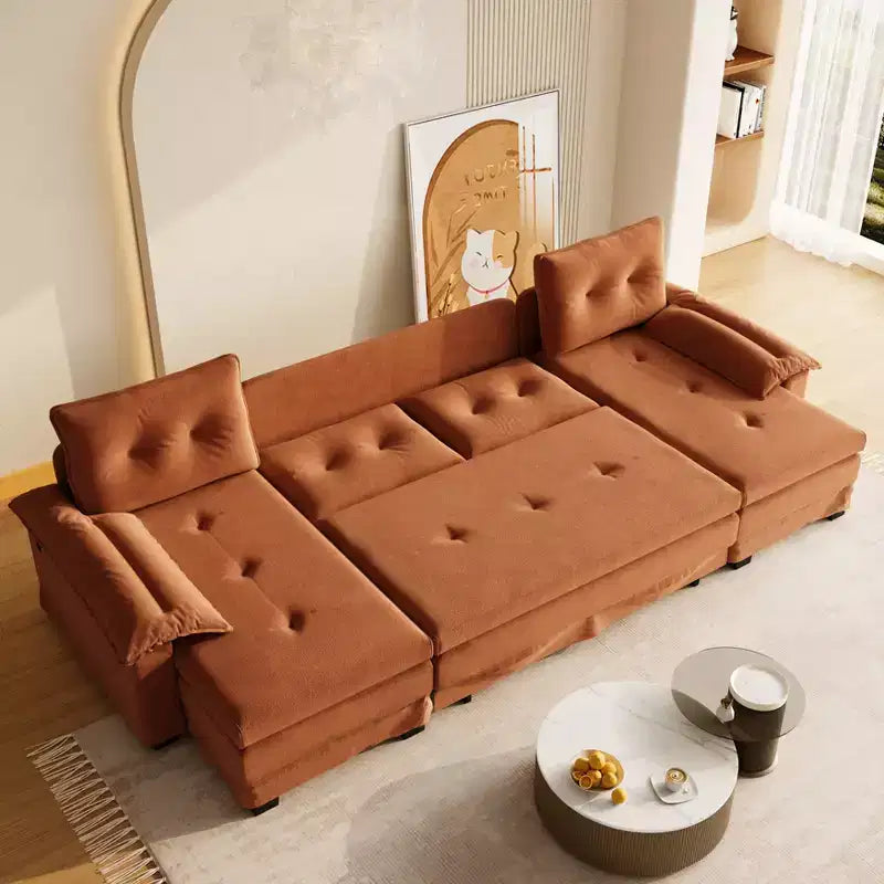 GDFStudio Yuna Modern Iron and Wooden Chenille Upholstered 110 U-Shaped Sleeper Sofa with Pull Out Bed and USB Ports