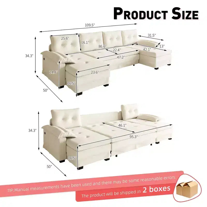 GDFStudio Yuna Modern Iron and Wooden Chenille Upholstered 110 U-Shaped Sleeper Sofa with Pull Out Bed and USB Ports