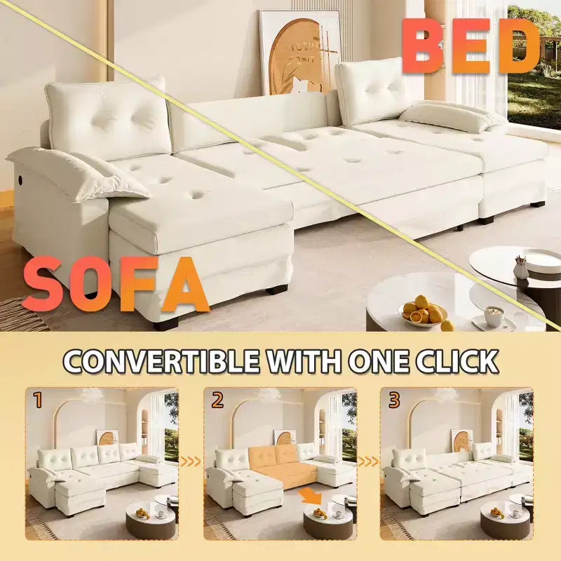 GDFStudio Yuna Modern Iron and Wooden Chenille Upholstered 110 U-Shaped Sleeper Sofa with Pull Out Bed and USB Ports
