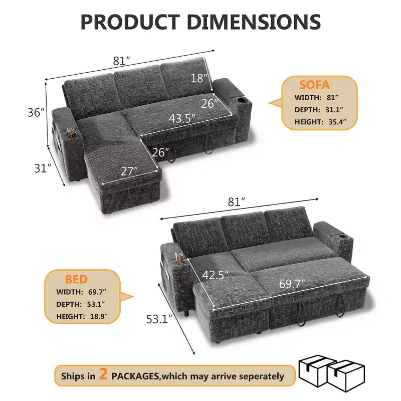 Dyonery Sleeper Sofa Bed,82 Pull Out Couch with Reclining Backrest/Reversible Storage Chaise, 3 in 1 L-Shaped Couch Tool-Free Assembly