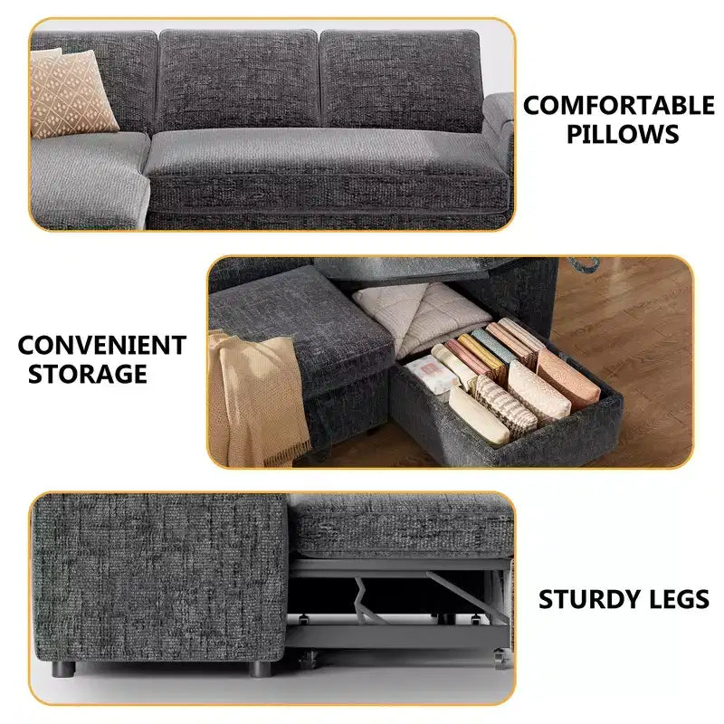 Dyonery Sleeper Sofa Bed,82 Pull Out Couch with Reclining Backrest/Reversible Storage Chaise, 3 in 1 L-Shaped Couch Tool-Free Assembly