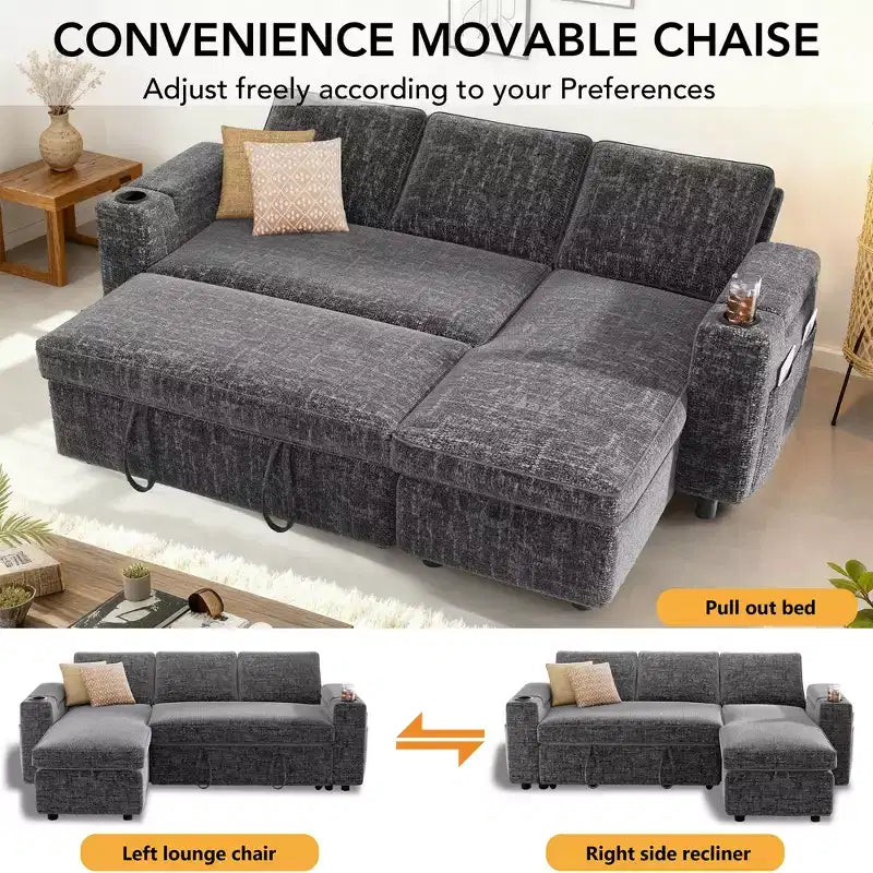 Dyonery Sleeper Sofa Bed,82 Pull Out Couch with Reclining Backrest/Reversible Storage Chaise, 3 in 1 L-Shaped Couch Tool-Free Assembly
