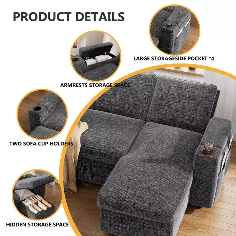 Dyonery Sleeper Sofa Bed,82 Pull Out Couch with Reclining Backrest/Reversible Storage Chaise, 3 in 1 L-Shaped Couch Tool-Free Assembly